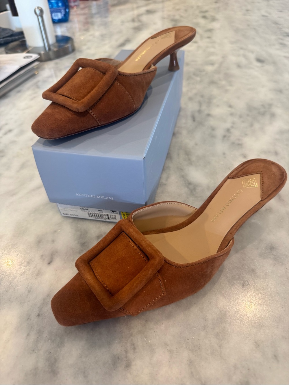 ANTONIO MELANI rust brown suede buckle mule heels
